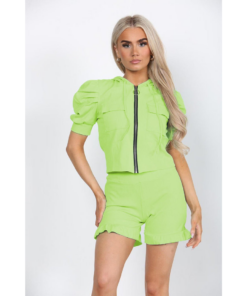 Front Pocket Zip Up Suit Ribbed Hooded Lounge Wear Short Set