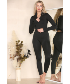 Ribbed Tracksuit Two Piece Set With Half Zip Detail Gym Loungewear