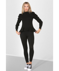 Puff Sleeves Set Frill Hem Peplum Ribbed Lounge Wear Suit