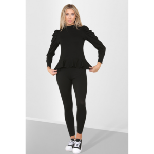 Puff Sleeves Set Frill Hem Peplum Ribbed Lounge Wear Suit