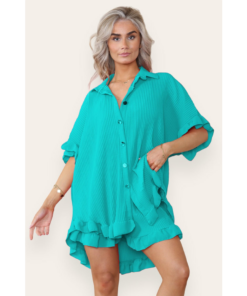 Women’s Casual Oversized Gold Button Pleated Frilled Ruffle Short Sleeves Shirt Top and Short Co-Ord Set