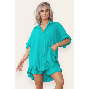 Women’s Casual Oversized Gold Button Pleated Frilled Ruffle Short Sleeves Shirt Top and Short Co-Ord Set