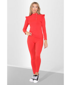 Side Buttons Frill Shoulder Side Neck Gold Button Detail Two Piece Loungewear Set