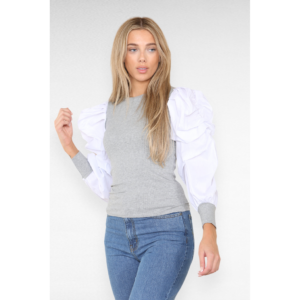 Oversized Puff Sleeves Ribbed Top