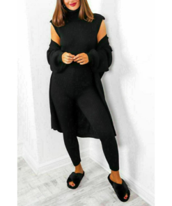 Ladies 3 Piece Suit Roll Neck Chunky Knitted Ribbed Tracksuit Lounge Set