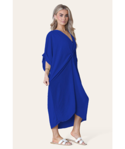 Womens V-Neck Tie Knotted Twisted Front Oversized Longline Midi Dress