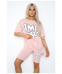 Amour Side Slit Cycling Short and T-Shirts Co-Ord Two Piece Set with Front Amour Slogan