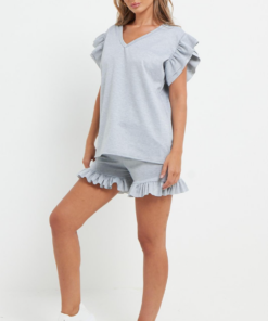 Ladies V Neck Frill Peplum Sleeve Top and Short 2 Piece Tracksuit Set