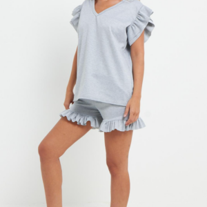 Ladies V Neck Frill Peplum Sleeve Top and Short 2 Piece Tracksuit Set