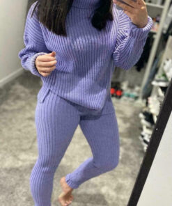 Ladies Chunky Knitted Ribbed Polo High Neck Top Leggings Loungewear Suit Set