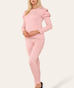 Frilled Sleeves Set Shoulder Golden Button Lounge Wear Suit