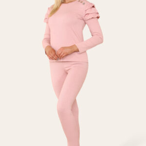 Frilled Sleeves Set Shoulder Golden Button Lounge Wear Suit