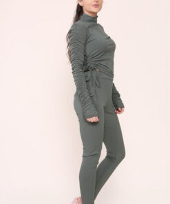 High Neck Ruched Side Arm Solid Drawstrings Ribbed Tee and Leggings set