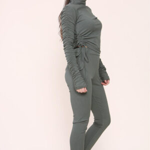 High Neck Ruched Side Arm Solid Drawstrings Ribbed Tee and Leggings set
