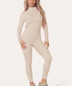 Ribbed High Neck Zipper Collar Jumpsuit Front Unitard Set