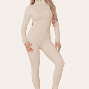 Ribbed High Neck Zipper Collar Jumpsuit Front Unitard Set