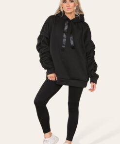 Oversized Ruched Sleeves Hoodie With Satin Ribbon