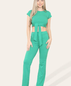 Tie Belt Front Cropped Loungewear Ribbed Trousers Set