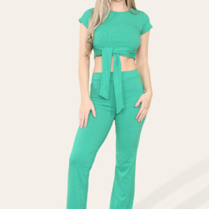 Tie Belt Front Cropped Loungewear Ribbed Trousers Set