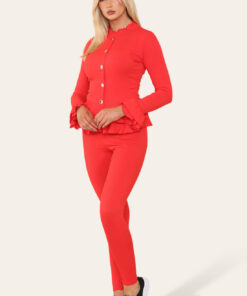 Long Sleeves Peplum Front Buttons Frilled Hem Lounge Wear Set