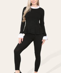 Peplum Frill Neck Suit Pleated Lounge Wear Set