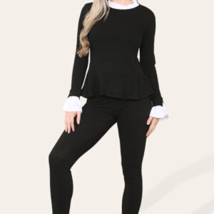 Peplum Frill Neck Suit Pleated Lounge Wear Set