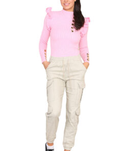 Cargo Pockets Pants Women High Waist Cropped Slim Fit Trouser