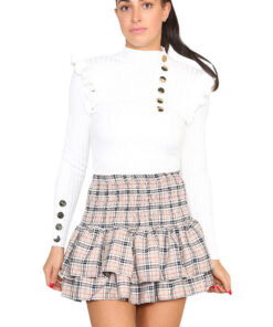 Ribbed Knit Gold Button Detail Jumper with Frill