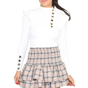 Ribbed Knit Gold Button Detail Jumper with Frill