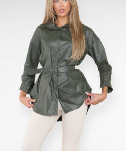 PU Faux Leather Belted Wet Look Shirt Dress