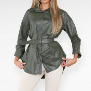 PU Faux Leather Belted Wet Look Shirt Dress