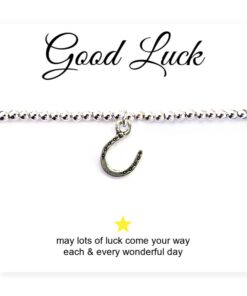 Horseshoe Charm Silver Beaded Bracelet with Good Luck Message Card