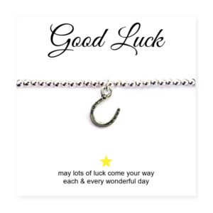 Horseshoe Charm Silver Beaded Bracelet with Good Luck Message Card
