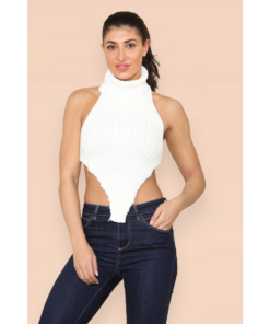 High Neck Roll Knitted Backless Front Cropped Top