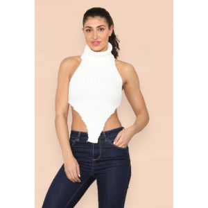 High Neck Roll Knitted Backless Front Cropped Top