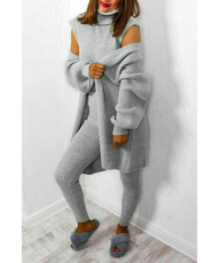 Ladies 3 Piece Suit Roll Neck Chunky Knitted Ribbed Tracksuit Lounge Set