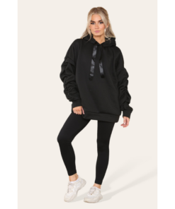 Oversized Ruched Sleeves Hoodie With Satin Ribbon with High Waist High Rise Seamless Ribbed Legging Set