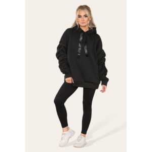 Oversized Ruched Sleeves Hoodie With Satin Ribbon with High Waist High Rise Seamless Ribbed Legging Set