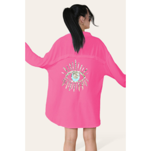 Oversized Long Sleeve Gold Sequin Eye Button Up Shirt