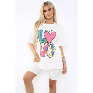 Love Side Slit Cycling Short and T-Shirts Co-Ord Two Piece Set with Front Love Slogan