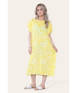 Mid-length long dress with V-neck and tie-dye print