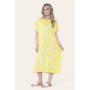 Mid-length long dress with V-neck and tie-dye print