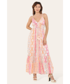 Elegant Long Strappy Dress with Silver Circular Print
