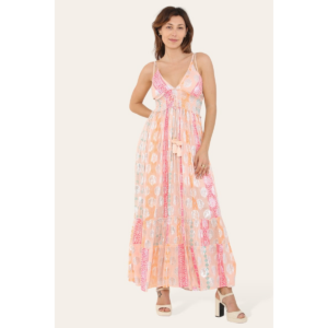 Elegant Long Strappy Dress with Silver Circular Print