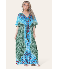 Elegant Long Caftan with Vibrant Green Geometric Print and Adjustable Cinched Waist
