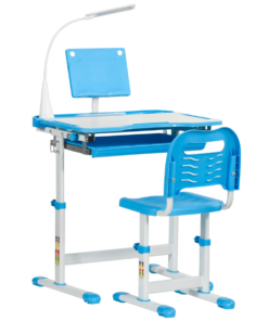 HOMCOM Kids Study Desk and Chair Set w/ USB Lamp, Adjustable Height, Blue