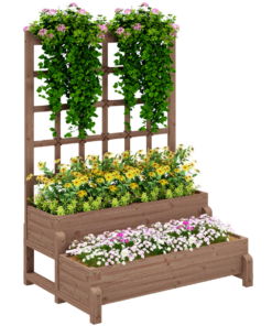 Outsunny 2-Tier Wooden Raised Bed with Trellis and Drainage Holes