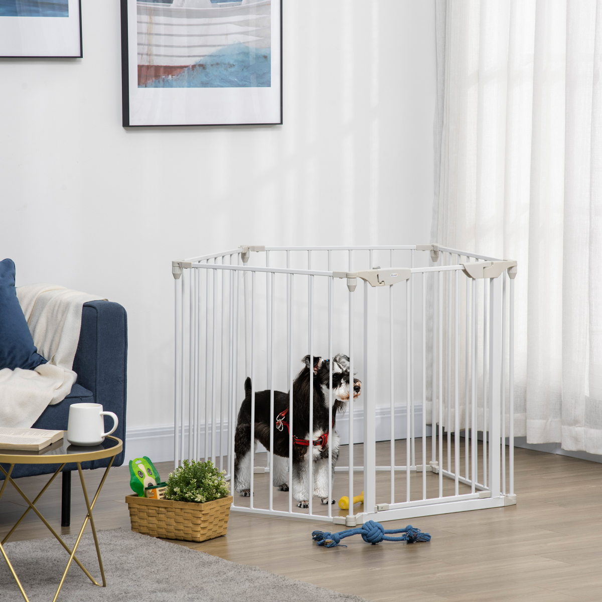 Pet Gate 5-Panel Dog Playpen for Indoor Stair Barrier W/ Walk Through Door White - Image 2