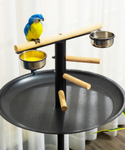 Bird Play Stand Portable Feeder Station w/ Wooden Perches, Stainless Steel Bowls