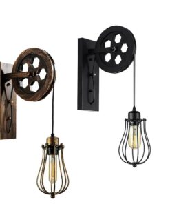 Retro Industrial Pulley Wheel Wall Light Fixture Metal Cage Indoor Light